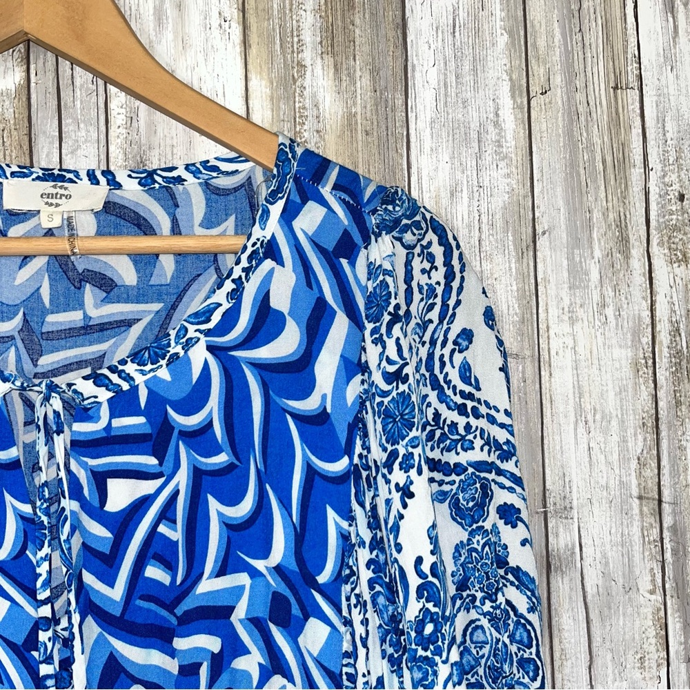 Entro V Neck Boho Blue Mini Ruffle Tiered Dress Small - Picture 3 of 6